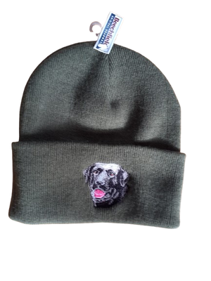 Beechfield Beanie Cap with Black Lab Motif - Olive Green