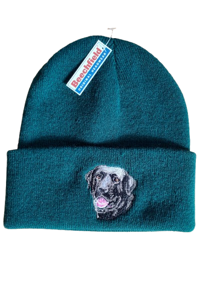 Beechfield Beanie Cap with Black Lab Motif - Forest Green
