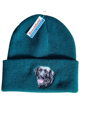 Beechfield Beanie Cap with Black Lab Motif - Forest Green
